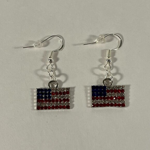 Silver American Flag Dangle Earrings with Red/Clear/Blue Rhinestones NWT - Picture 1 of 2